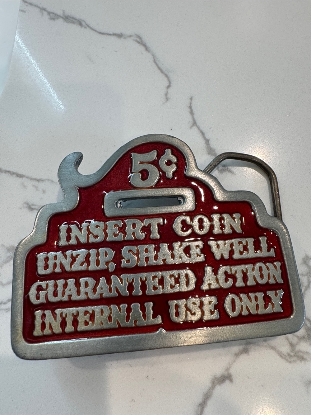 Vintage-Style 5¢ Coin Slot Wall Accent - Red and Silver Belt Buckle